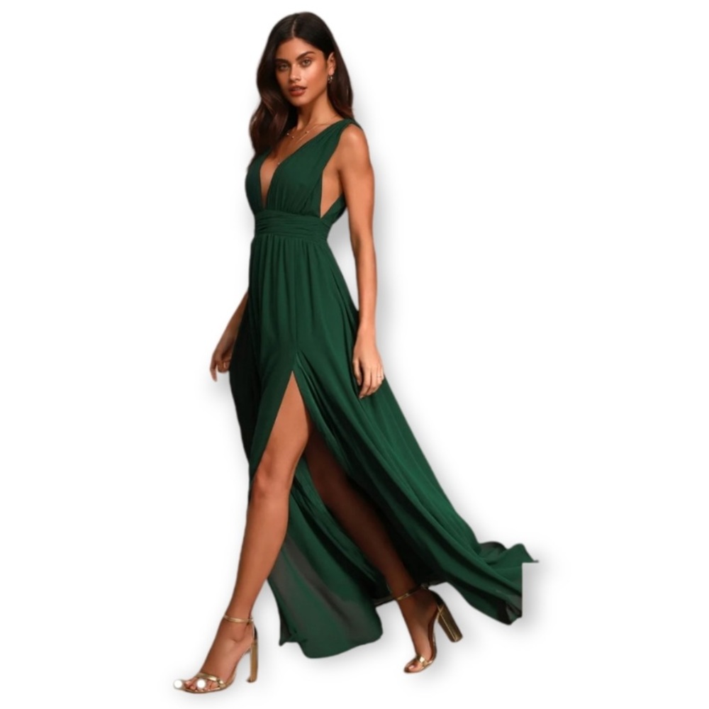Lulu’s Heavenly Hues Forest Green Plunge V-Neck Maxi Dress NWT